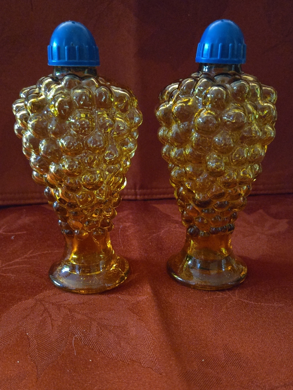 Amber Bubble Glass Salt and Pepper Shakers with Blue Lids By N Gori